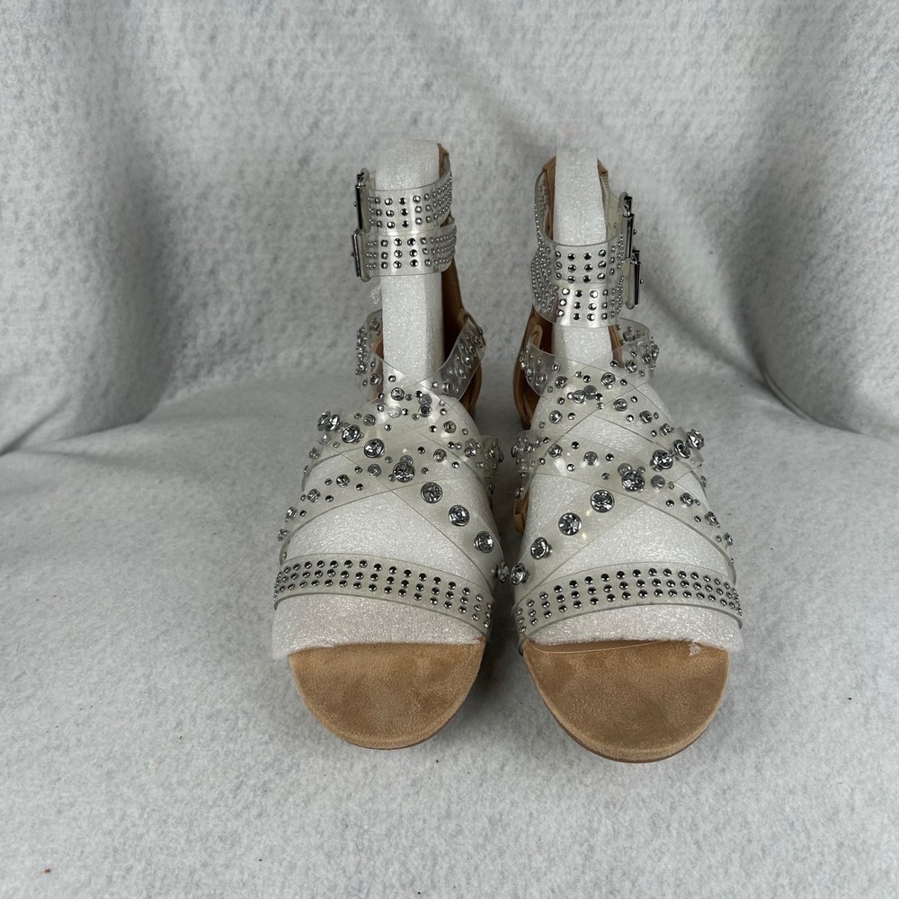 Steve Madden Shift Sandals Womens 8 Clear Studded Rhinestone Gladiator Flat
